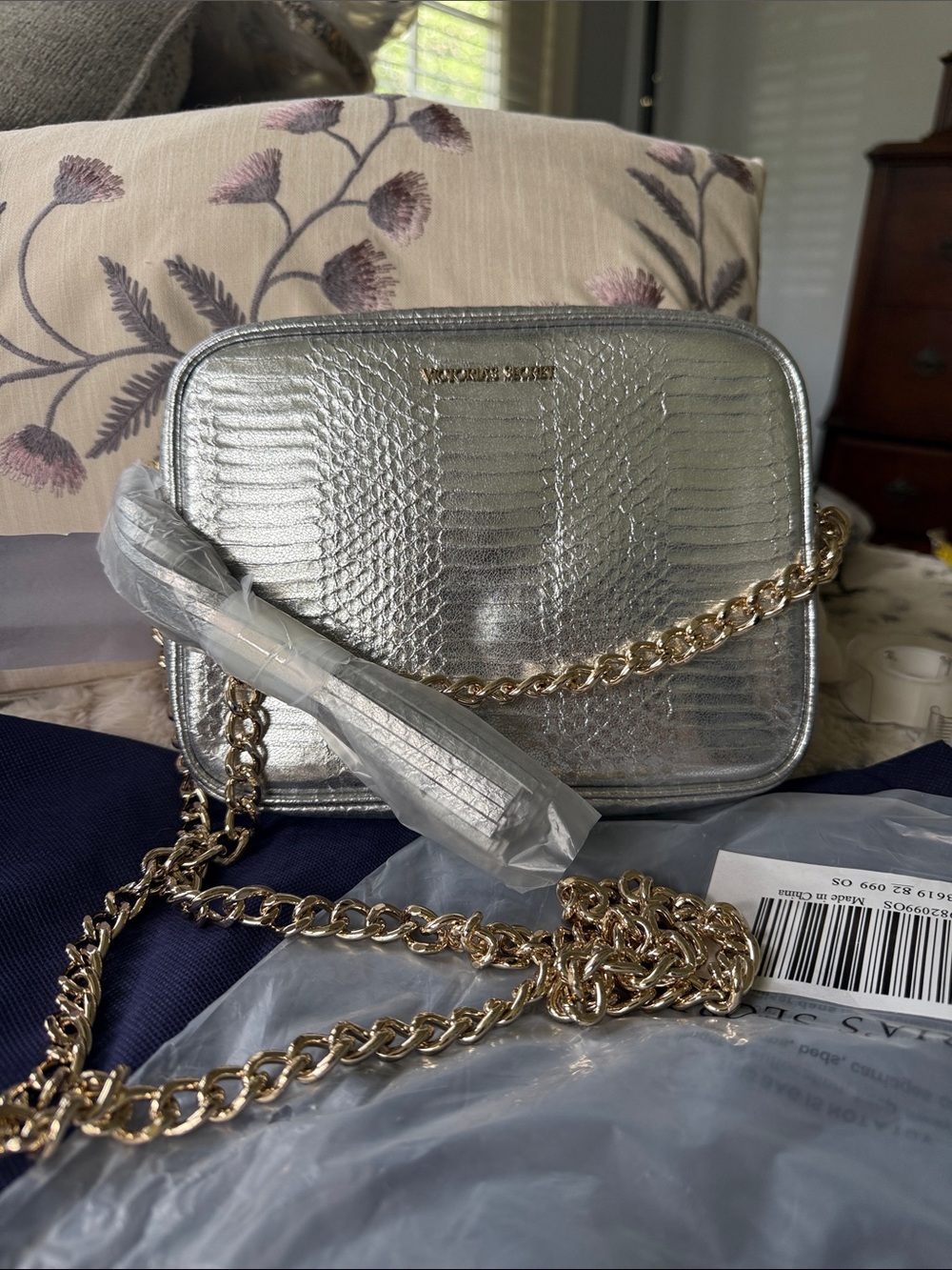 Victoria’s Secret Metallic Silver Textured Crossbody with Gold Chain
